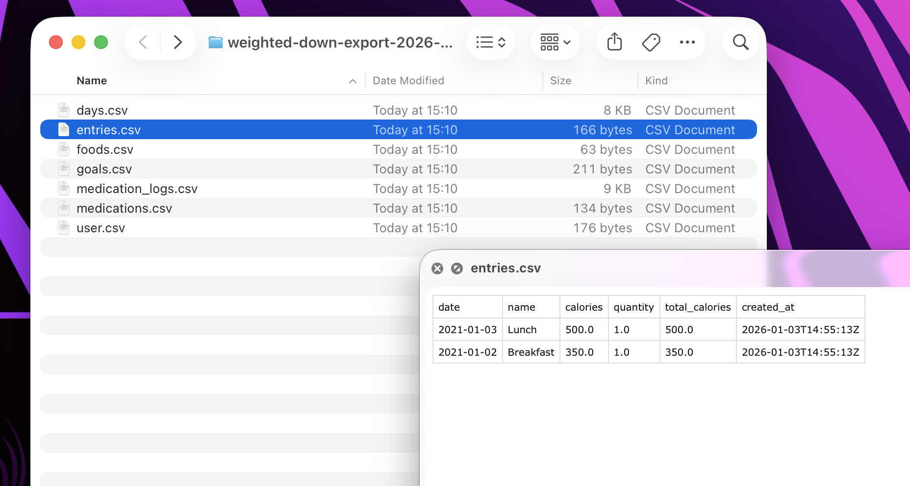 A sceenshot of the Mac finder and contents of the exported zip file, which is multiple .csv files e.g. days.csv, entries.csv, foods.csv, goals.csv ...